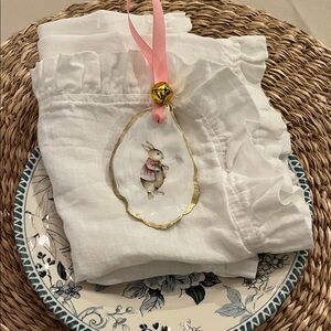 White Ruffled Linen Top with Bunny Ribbon Charm